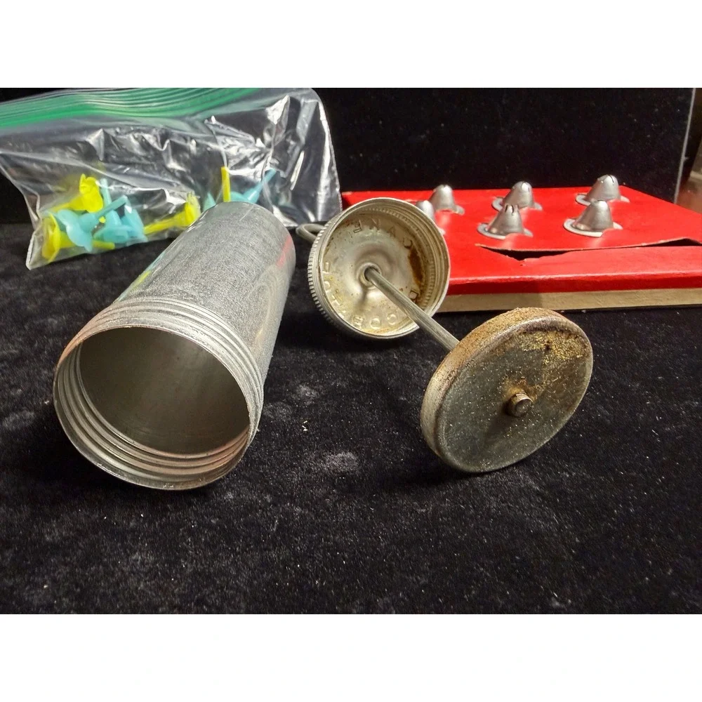 Vintage Aluminum Cake Decorator Set- Icing Syringe, 6 Metal Tips, Original Box